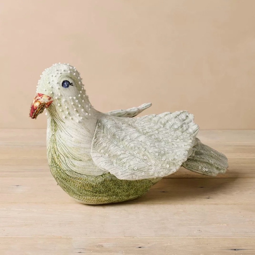 Green and Ivory Embellished Dove Accent Pillow